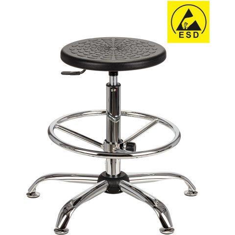 Taboret laboratoryjny ESD, podstawa metalowa, chromowany, z podnóżkiem