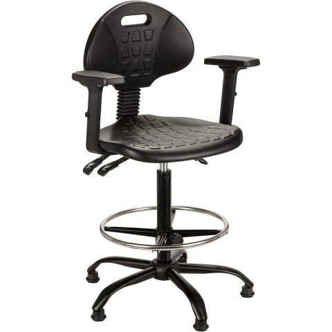 Krzesło przemysłowe PUR Asynchro, podstawa metalowa, z podnóżkiem, z podłokietnikami