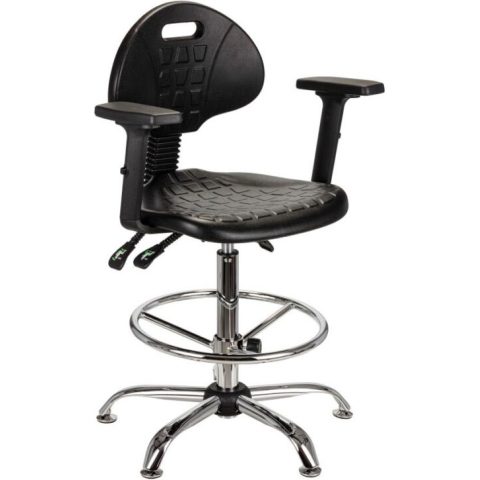 Krzesło laboratoryjne PUR Asynchro, podstawa metalowa, z podnóżkiem, z podłokietnikami