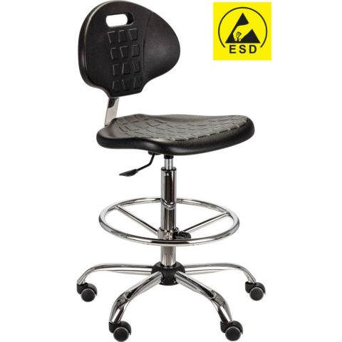 Krzesło laboratoryjne PUR ESD, podstawa metalowa, z podnóżkiem