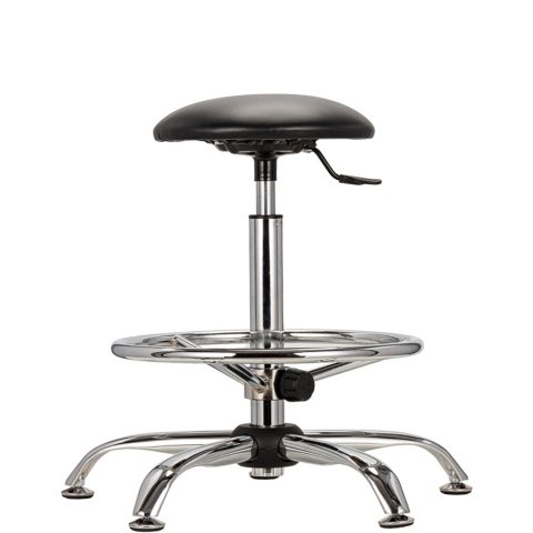 Taboret przemysłowy tapicerowany Rondo, chromowany, z podnóżkiem