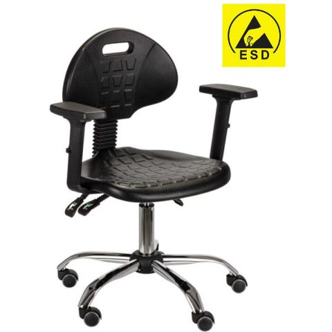 Krzesło laboratoryjne ESD, chromowane, mechanizm asynchroniczny, z podłokietnikami