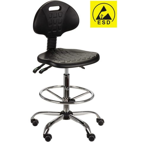 Krzesło laboratoryjne ESD, chromowane, mechanizm asynchroniczny, z podnóżkiem