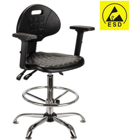 Krzesło laboratoryjne ESD, chromowane, asynchroniczne,z podnóżkiem, z podłokietnikami